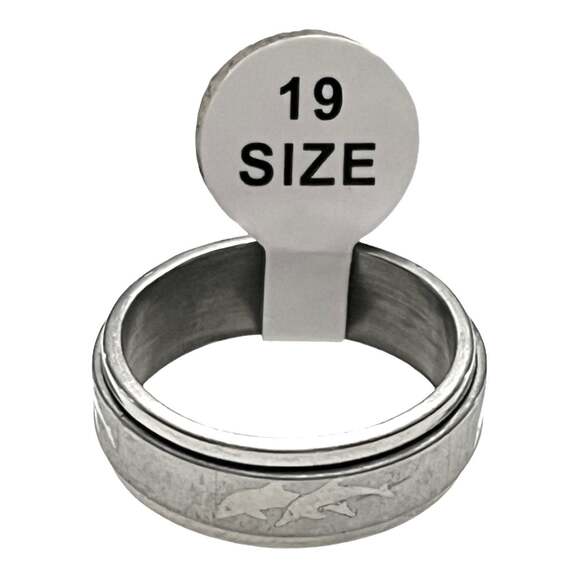 NEW Silver SPINNER RING Dolphins Fish Stainless Steel Size Italy 19 / US 9 NWT - Picture 2 of 5